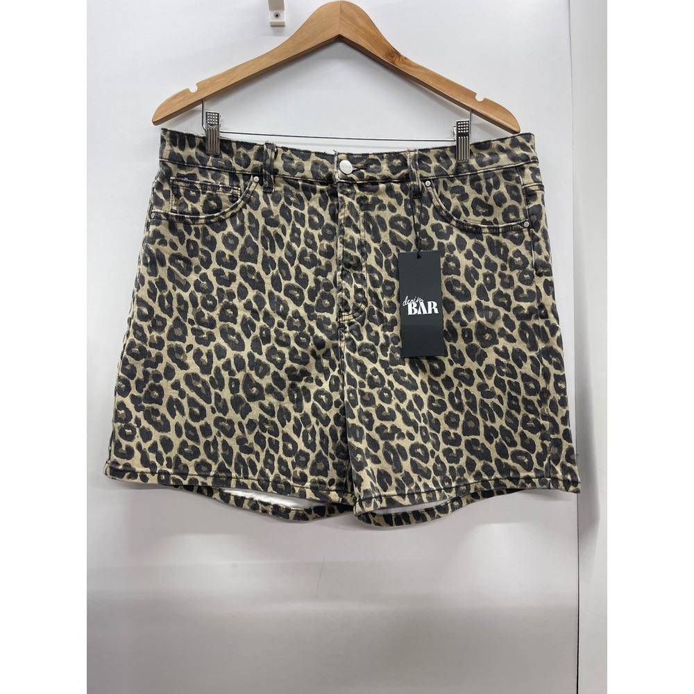 Denim Bar Leopard Print High Rise Denim Shorts Animal Print Tan Black 1XL NEW
